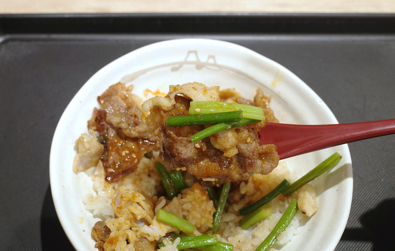 「カルビホルモン丼」は全部一緒に食べれば、カルビ肉、ホルモン、ニンニクの芽、タレの味が勢い良くご飯に炸裂し、最初からこうして食べておけば良かったと強く実感！