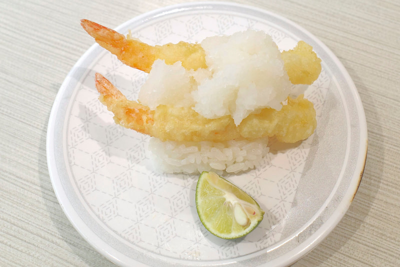 「えび天握り(すだちおろし)」は、海老の天ぷら、大根おろしともどもボリューミー！