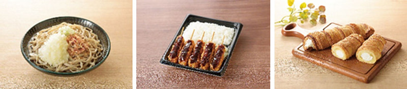 今回発売される商品一例。9月2日(火)発売「大盛！越前おろしそば」538円(写真左)、9月9日(火)発売「串カツ大盛！味噌串カツ弁当」646円(写真中)、9月16日(火)発売「大盛！パイコロネ(塩バニラホイップ)おわら風の盆牛乳入り」178円(写真右)