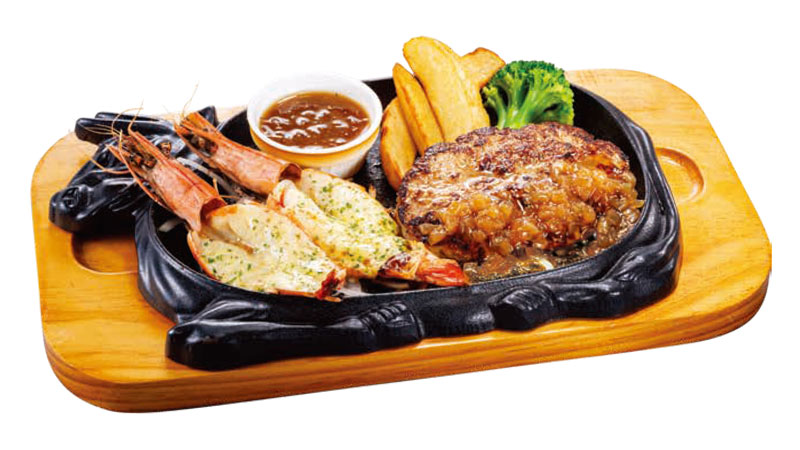 「殻付き海老の香味グリル＆手ごねハンバーグ」 1,485円(税込)