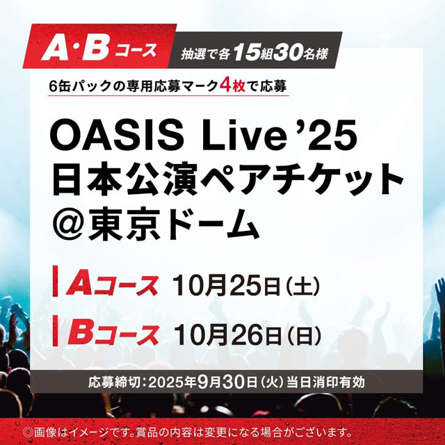 A・Bコース「OASIS Live'25 日本公演ペアチケット @東京ドーム」各15組30名