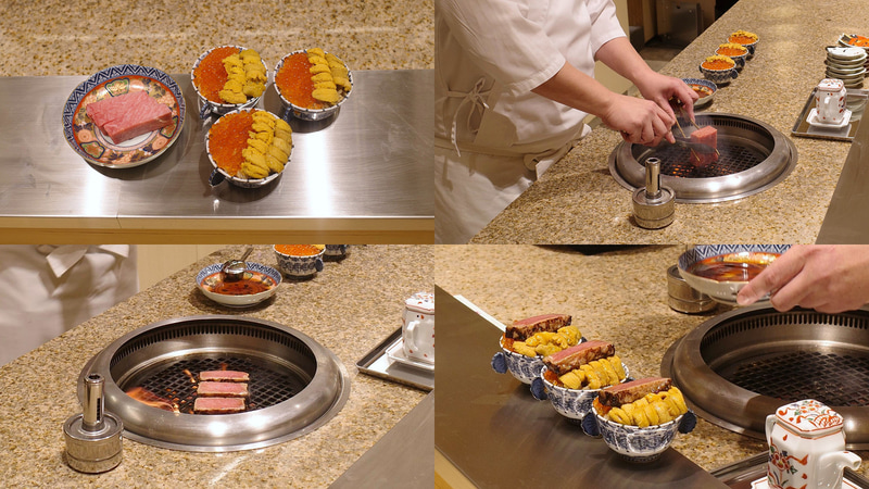 「至福の三色丼」のまぐろは、目の前でサッと焼いてうにといくらの上に!