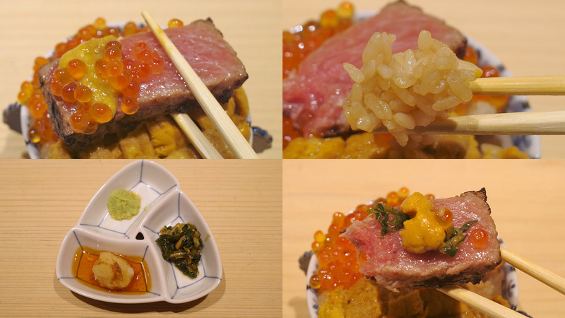 「至福の三色丼」は具単体はもちろんのこと、赤酢の酢飯、葉ニンニクの漬物とあわせても旨し!
