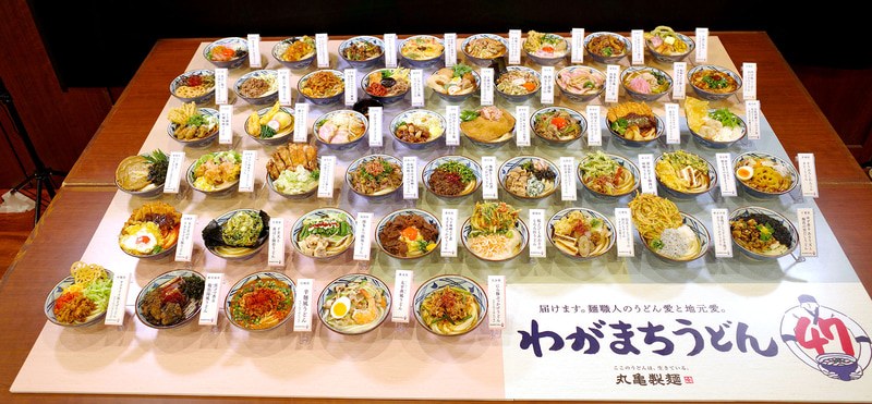 「わがまちうどん47」のうどんメニュー全種類を実際に作ってディスプレイされたコーナーを見ると、どれも美味しそうです!