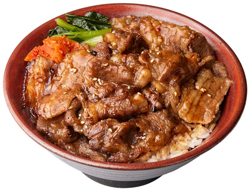「牛カルビ丼」690円→500円(税込)。肉のヤマ牛の看板商品。切り立ての牛カルビの旨みと脂の甘み、白米が止まらぬうまさとのこと