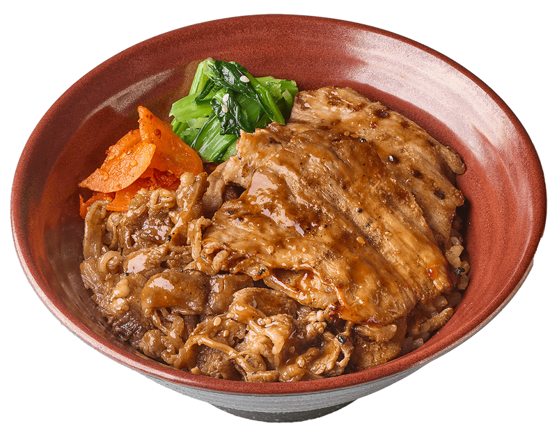 「牛カルビ＆大判豚丼」790円→700円(税込)。人気の2種のお肉を存分に楽しめ、「欲張りに頬張ってください！」と呼びかけています