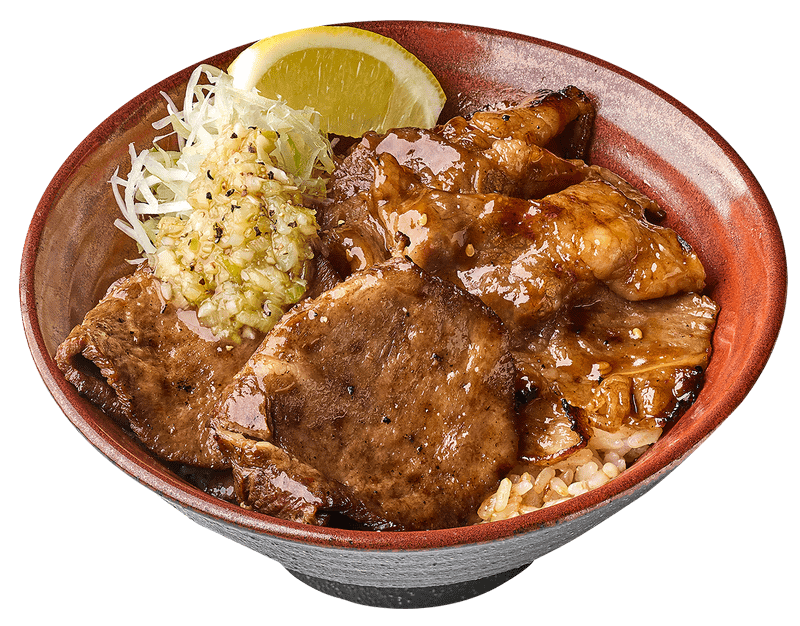 「牛タン＆カルビ丼」1,190円→1,100円(税込)。濃厚な旨みのある牛タンと、甘辛い醤油ベースのタレで焼いた旨みたっぷりのカルビの、2つの異なる食感と風味が楽しめる丼とのこと