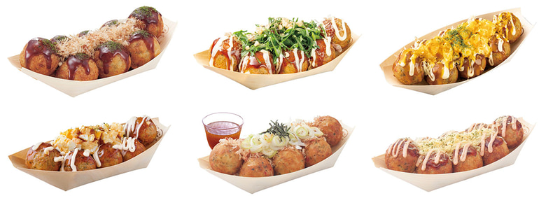 ※たこ焼 イメージ(左上：ぜったいうまい!!たこ焼(ソース)、中央上：【期間限定商品】九条ねぎマヨ 特製ソース、右上：【期間限定商品】カレー風味のチーズてりたま、左下：てりたま、中央下：ねぎだこ、右下：チーズ明太子)