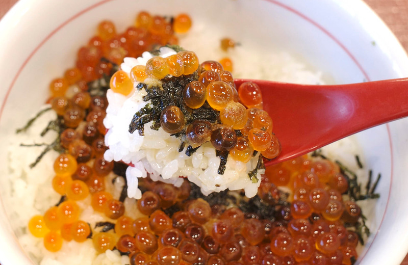 トッピングのわさび、卓上の醤油をプラスした、パーフェクト版「天然いくら丼」でFINISH!