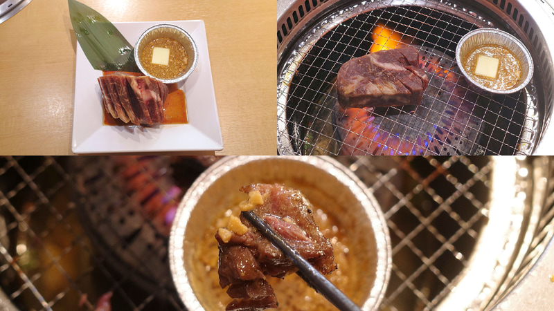 「【名物】超極厚ハラミ～ガリバタ醤油～」は、肉の表面を焦げる寸前まで焼いてほおばるのがベスト!