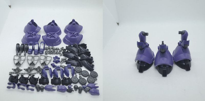 左脚はAランナー1、2、6、Bランナー6、11、C1ランナー6、7、8、C2ランナー16、15、18、D1ランナー2、3、5、6、E1ランナー3、4、5、6、7、8、9、F1ランナー1、2、3、4。右脚はAランナー1、2、6、Bランナー6、11、C1ランナー15、16、18、C2ランナー6、7、8、D1ランナー1、4、D2ランナー5、6、E2ランナー3、4、5、6、7、8、9、F2ランナー1、2、3、4。脚部兼バックパックはAランナー1、2、Bランナー6、11、C1ランナー6、7、8、D1ランナー5、6、E1ランナー3、4、5、6、7、8、9、F1ランナー1、2、3、4