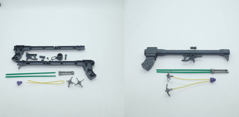 ジャイアント・バズはGランナー1、2、3、4、5、6、7を使用。ヒート・サーベルはE1ランナー13、E2ランナー13、SB-18ランナー1(2個)使用。電磁ハーケンはBランナー18、E1ランナー12、E2ランナー12、リード線(半分にカット)を使用