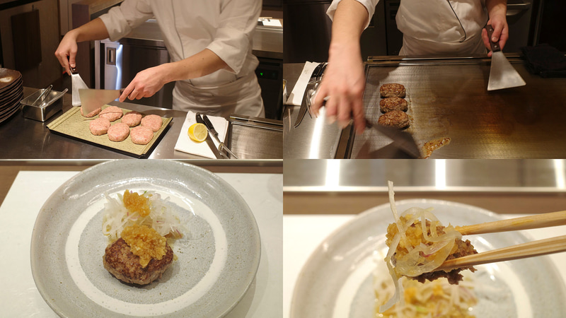 「A5黒毛和牛特製ハンバーグ」は、粗挽きにしたA5黒毛和牛の荒々しい歯ざわりと旨味に、生玉ねぎ、おろしポン酢の爽快感があわさって後味キリリ!