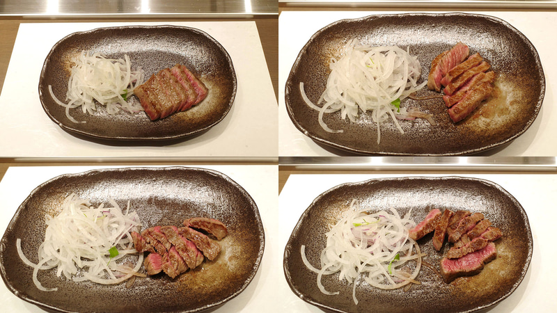 A5黒毛和牛のステーキは上段左が内もも(赤身肉)、右がトモサンカク(霜降り肉)、下段左がランプ(赤身肉)、右がイチボ(霜降り肉)。どれも絶品ですが、特に赤身肉は「内もも」、霜降り肉は「イチボ」がオススメ!
