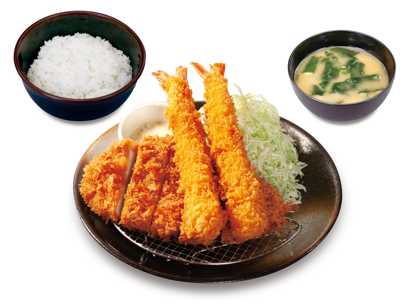 「ロースかつ＆海老フライ(2尾)定食」　970円