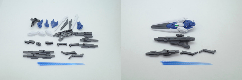 シールド(エスカッシャン)はBランナー2(2個)、18、C1ランナー3(2個)、9、10(2個)、Dランナー22、23、24、25、シール21、23、24を使用。ライフルはAランナー4(2個)、7、11、12、13、14(2個)、16、17、18、19、Bランナー28、シール18(4個)、19を使用。ビームサーベルの刃はSB-9ランナー1(2個)使用