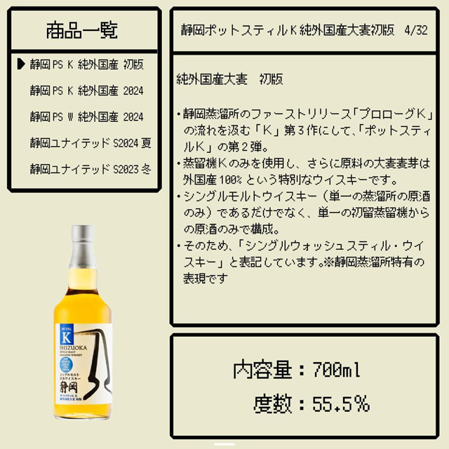 「静岡ポットスティル K 純外国産大麦初版」の当選確率とテイスティングノート