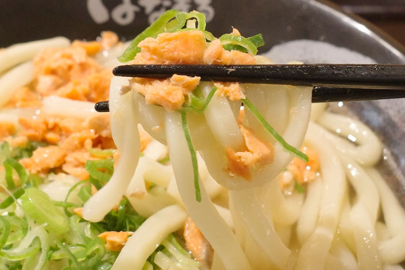 うどんはつゆだけではなく、紅鮭と青ねぎを絡めて喰らうのがオススメ!