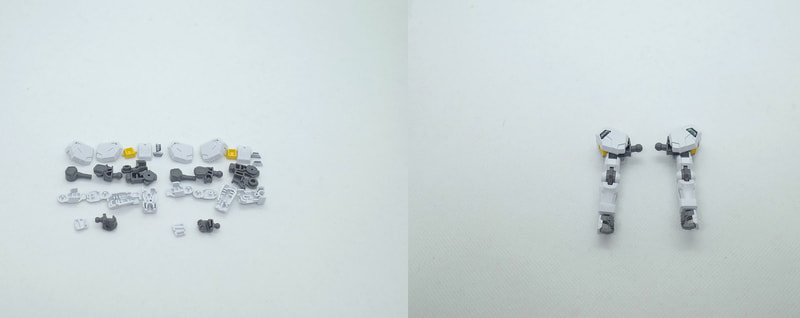 右腕はAランナー20、Bランナー2、6、10、13、14、D1ランナー3、4、7、8、D2ランナー27、29、39、40、Eランナー1(2個)、シール18、19を使用。左腕はAランナー20、Bランナー3、7、9、11、12、D1ランナー5、6、9、10、D2ランナー27、28、30、31、Eランナー1(2個)、シール18、19を使用