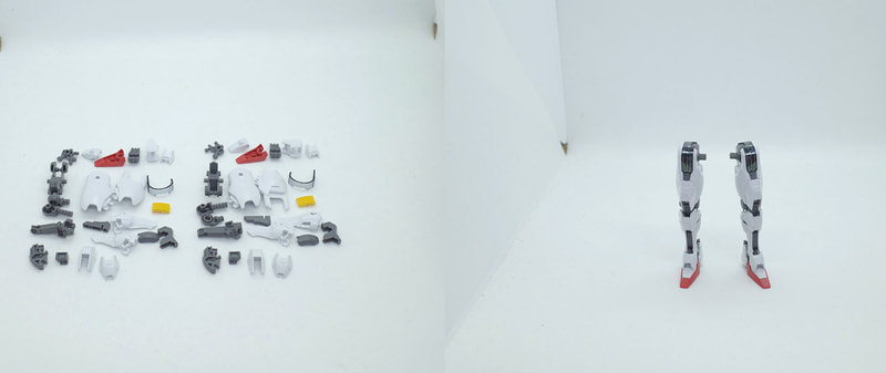 右脚はAランナー3、19、Bランナー18、20、21、22、23、24、25、26、27、29、30、D2ランナー34、37、38、41、42、43、44、45、46、Eランナー2、シール12、15を使用。左脚はAランナー3、19、Bランナー17、19、21、22、23、24、25、26、27、29、30、D2ランナー32、33、34、35、36、43、44、45、46、Eランナー3、シール13、16を使用