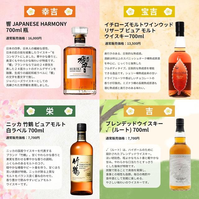 「響 JAPANESE HARMONY」「イチローズモルト ワインウッドリザーブ」「竹鶴」「√(ルート)」の通常価格とテイスティングノート