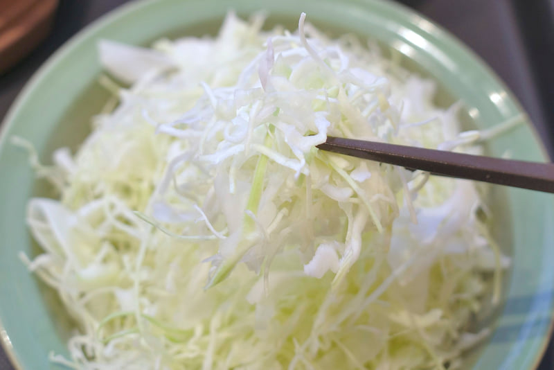 涼し気な千切りキャベツは、塩気、旨味ともどもディープなシュクメルリチキンかつとの相性抜群!