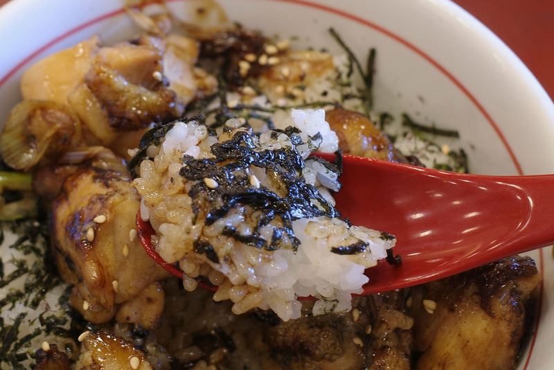 ご飯with海苔には、白ネギと鶏もも肉のタレがガッツリ染み込んでいるものの、言わずもがなこれだけでは旨味が足りず、すぐにでも具材と一緒に食べたいのが本音!