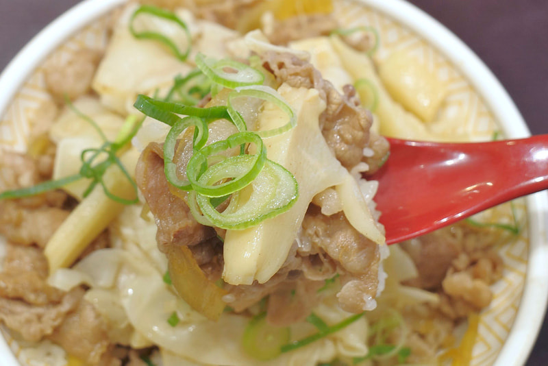 「旨だしたけのこ牛丼」は、元の「牛丼」としての味を活かしながらも、青ねぎの清涼感、旨だしたけのこの食感と旨味が加わり、じっくり噛み締めて食べる喜びが高まったことを実感しながらFINISH!